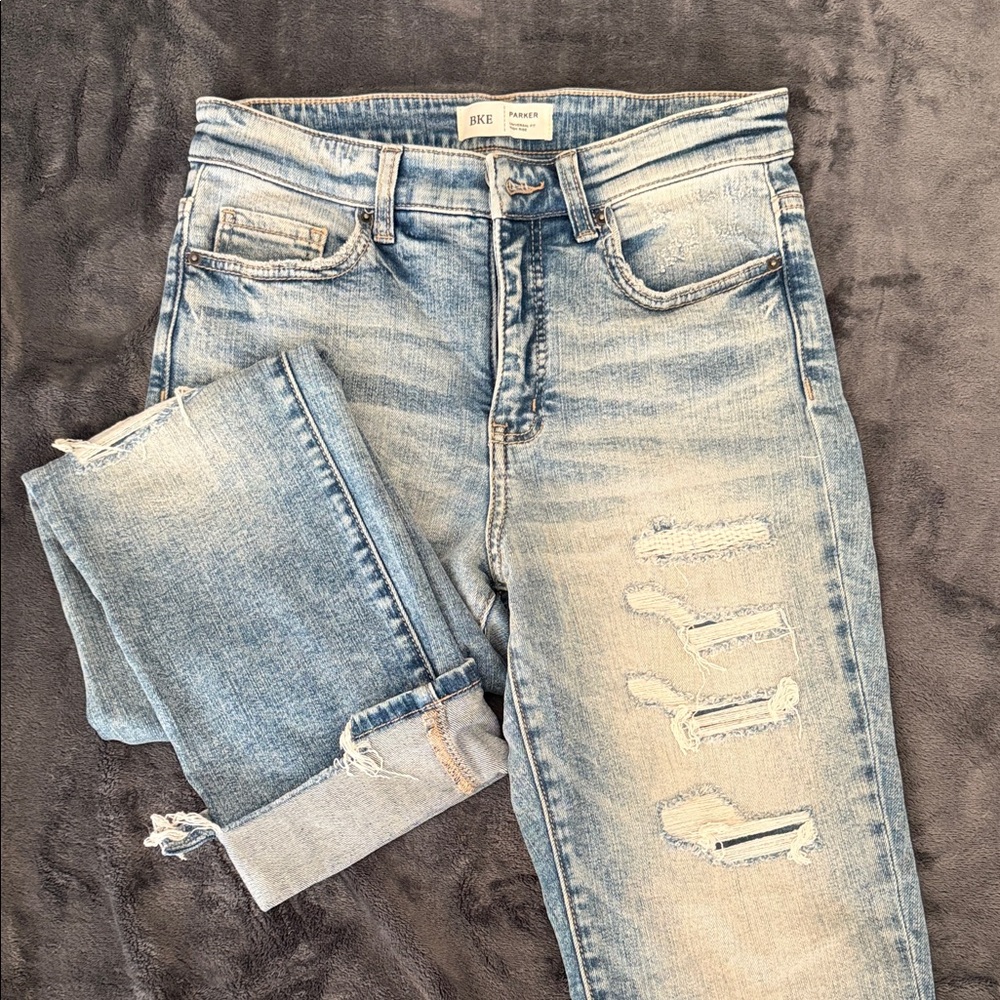 BKE Parker Faded Light Blue Distressed Cuffed Ankle Jeans